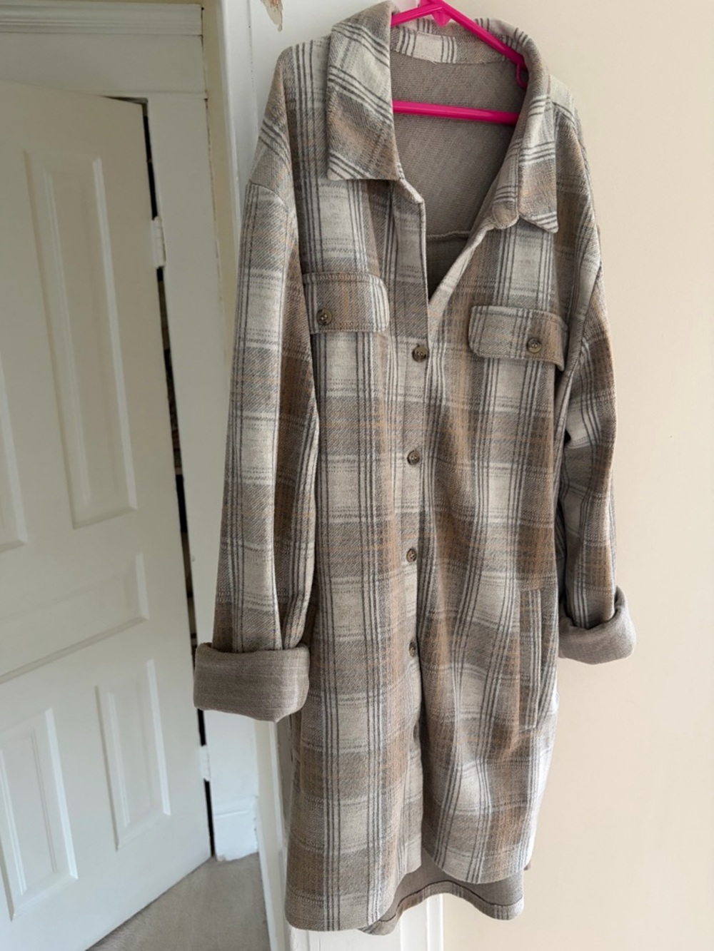 Cozy Long Plaid Button-Up in Neutral Tan Colour